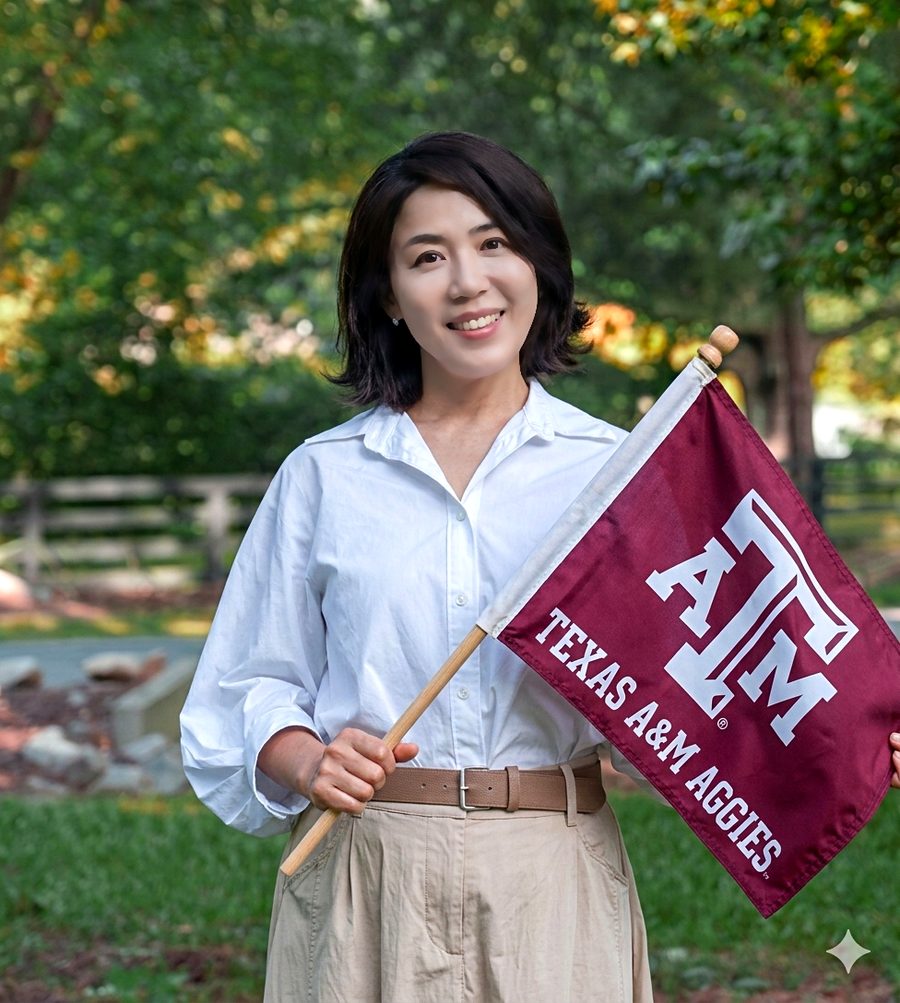 Sumi Lee holding a Texas A&M Aggies flag